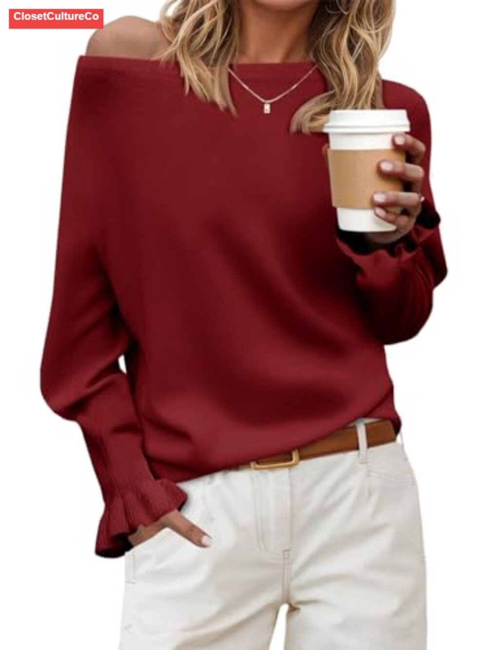 Womens Boat Neck Off Shoulder Ruffle Knit Pullover Sweater